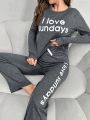 Women's Simple Printed Solid Long Sleeve Pajamas Set