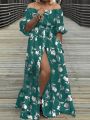 Women's Plus Size Floral Printed Off Shoulder Slit Dress