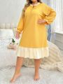 Plus Size Women's Color Contrast Home Dress With Ruffled Hemline