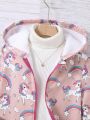 SHEIN Kids Y2Kool Girls' Unicorn Printed Zipper Front Hooded Jacket With Plush Lining, For Big Kids/Tweens