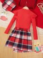 SHEIN Tween Girl Ruffle Trim Tee & Plaid Print Asymmetrical Hem Skirt & Hat for Christmas