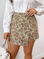 SHEIN Frenchy Plus Size Women's Valentine Floral Printed Irregular Hem Shorts