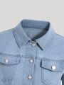 Teen Girls' Basic Casual Comfortable Water Washed Light Blue Stretch Denim Jacket, Daily Outfit