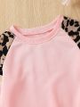 Young Girl Striped & Leopard Print Raglan Sleeve Sweatshirt