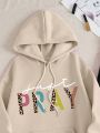 Women's Letter Print Hoodie And Pants Set With Drawstring