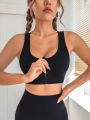 Solid Zip Up Sports Bra