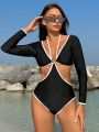 SHEIN Swim Chicsea Ladies' Colorblock Swimwear With Lace Insets, One-Piece Swimsuit