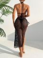 SHEIN Swim Classy Women'S Halter Neck Two Piece Swimsuit With Fishnet Skirt