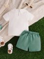 Baby Boy Shirred Detail Peter Pan Collar Top & Shorts