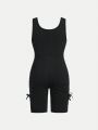 SHEIN Kids EVRYDAY Girls' Knitted Monochrome Round Neck Jumpsuit With Flounce Design, Casual Style