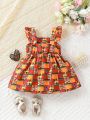 Baby Girl Casual Allover Print Ruffle Strap Dress