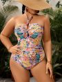 SHEIN Swim Vcay Plus Size Women'S Tropical Plant Printed Halter One-Piece Swimsuit