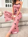 Heart Print Cami Top And Long Pants Pajama Set