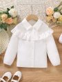 SHEIN Kids CHARMNG Little Girls' Casual Lapel Neck Long Sleeve Ruffle Trim Solid Color Slim Fit Shirt For Spring And Autumn