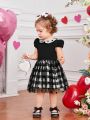 SHEIN Infant Girls' Casual Cute Doll Collar Plaid Mesh Short Sleeve Dress