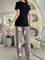 Women'S Contrast Color Floral Print Short Sleeve Pants Pajama Set