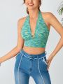 SHEIN WYWH Space Dye Ring Linked Front Tie Backless Crop Halter Top