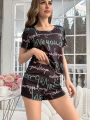 Women's Fashionable Short Sleeve T-Shirt And Short Pajamas Set With All-Over Letter Print