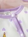 Newborn Baby Girl Unicorn Print Contrast Binding Jumpsuit & Hat & Bib