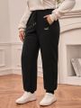 SHEIN Frenchy Plus Size Alphabet Embroidery Slanted Pocket Sweatpants