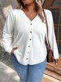 SHEIN LUNE Plus Size Button Design Long Sleeve Casual T-Shirt