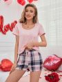 Women's Solid Color Top & Plaid Shorts Pajamas Set