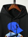 Men Plus Bear Print Kangaroo Pocket Drawstring Thermal Hoodie