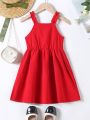 SHEIN Kids EVRYDAY Little Girls' Red Ruffle Trim Decor Waist Belted Cami Dress