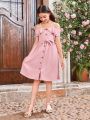 SHEIN Kids FANZEY Tween Girl Off-Shoulder Double Layered Flounce Dress With Detachable Waistbelt