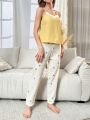 Heart Print Contrast Trim Cami Top & Pants PJ Set