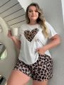 Plus Size Women's Letter & Leopard Print Short Sleeve And Shorts Homewear Set