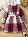 SHEIN Kids EVRYDAY Little Girls' Plaid Pattern Dress With Flap Detail And Belt