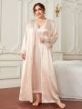 Plus Contrast Lace Belted Satin Robe & Cami Dress PJ Set