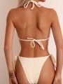 SHEIN Swim Basics Women's Textured Ribbed Halter Neck Triangle Bikini Set