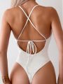 SHEIN Swim Basics Women'S Cross Ribbed Back One Piece Swimsuit