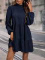 Mock Neck Lantern Sleeve Ruffle Hem Smock Dress