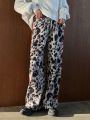 FRIFUL Women's Full Printed Patchwork Wide Leg Pants With Side Split