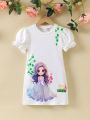 SHEIN Kids QTFun Young Girl's Cute Cartoon Character Heart Printed Lace Trimmed Puff Sleeve Dress For Spring And Summer
