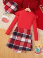 SHEIN Tween Girl Ruffle Trim Tee & Plaid Print Asymmetrical Hem Skirt & Hat for Christmas