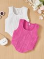 SHEIN Kids EVRYDAY Big Girls' Knitted Solid Color Sleeveless Vest Set With Round Neck, Slim Fit, 2pcs