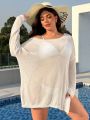 SHEIN Swim Vcay Plus Size Women'S Split Hem Long Sleeve Cover Up With Side Slit