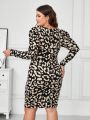 SHEIN Clasi Women's Plus Size Leopard Print Bubble Sleeve Square Neck Dress