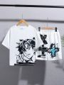 SHEIN Kids EVRYDAY Boys' Street Style Casual Cartoon Printed Short Sleeve T-Shirt And Knitted Shorts Outfit, Summer