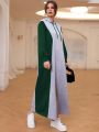 Women's Color Block Long Sleeve Hooded Sweatshirt Dress With Drawstring