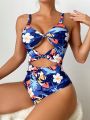 Women's Floral Print Twist Detail Cutout One Piece Swimsuit