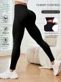 Yoga Basic Solid Color Wide Waistband Sports Leggings