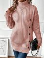 Turtleneck Drop Shoulder Button Detail Sweater