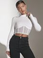 SHEIN BAE Women's Mesh Spliced Stand Collar Long Sleeve Crop Top T-shirt