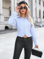 SHEIN Privé Blue Irregular Hem Long Sleeve Shirt