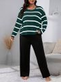 Women's Plus Size Striped Drop Shoulder Casual T-shirt And Solid Color Straight-leg Pajama Pants Set